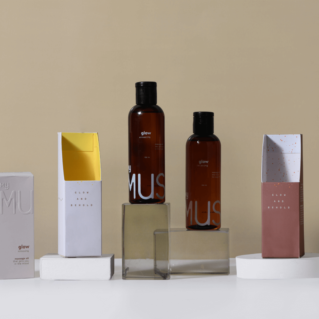 MyMuse’s Glow Relaxing massage oil Bottle (100ml) with demonstration of its packaging box